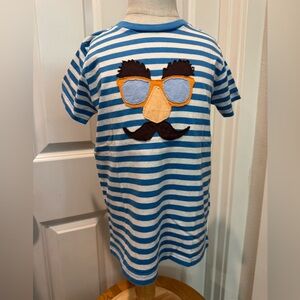 Mini Boden 5-6Y Blue Striped Kids Shirt with Fun Face Design